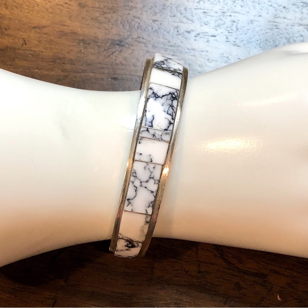 WHITE BUFFALO Sterling Silver Mosaic Inlay Navajo Native American Tapered Cuff